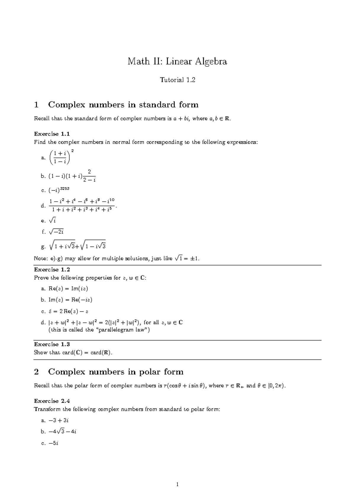 M2LA Tutorial 1.2 - Complex Numbers in Standard & Polar Form - Studeersnel