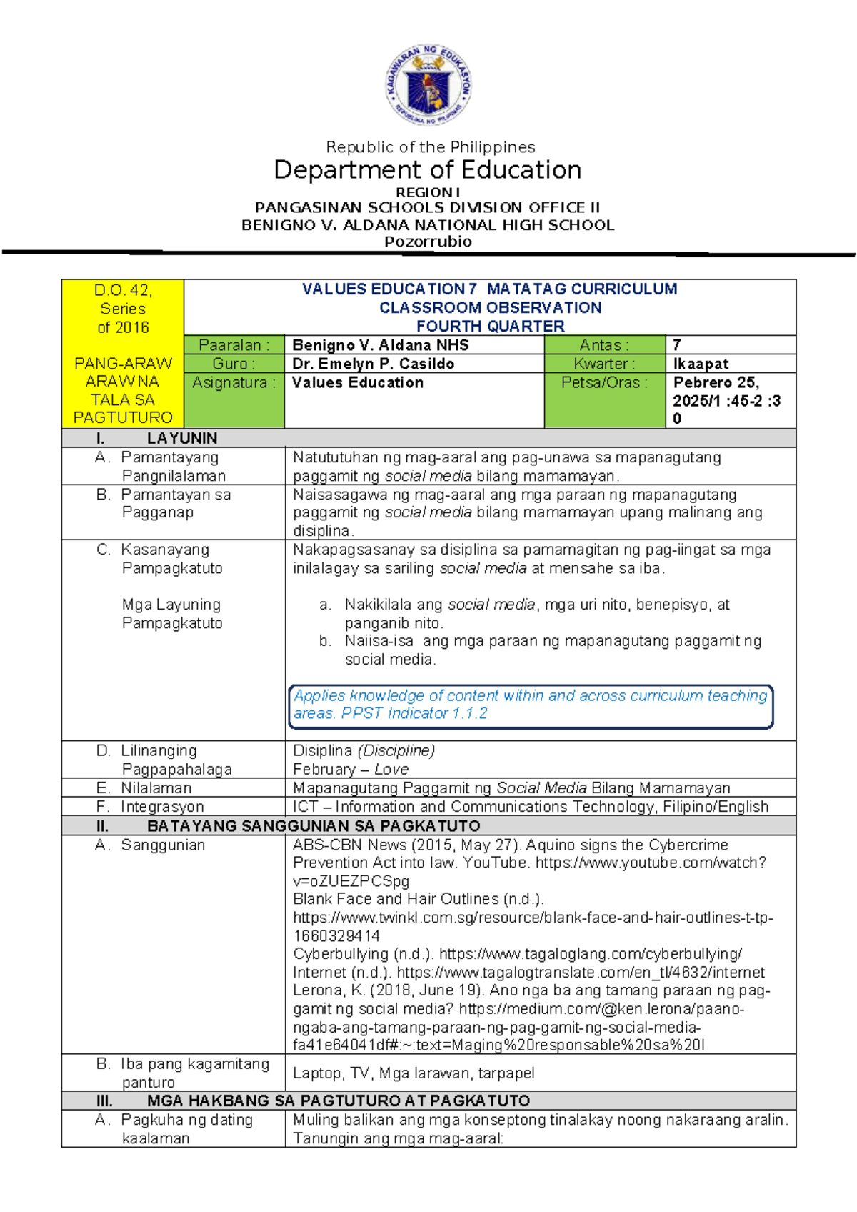 LP CO4-ESP7: Lesson Plan for Values Education 7 Classroom Observation ...