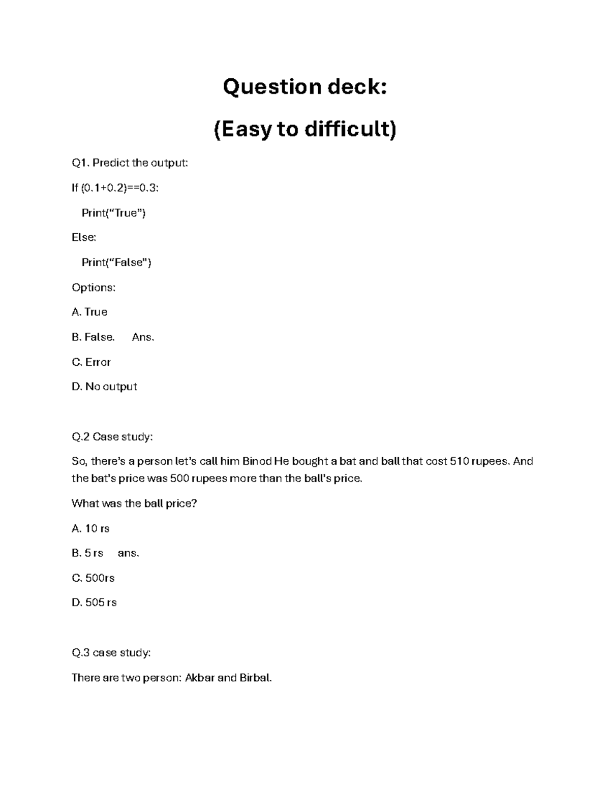 Quiz Questions: Easy to Difficult - CSE101 - Studocu