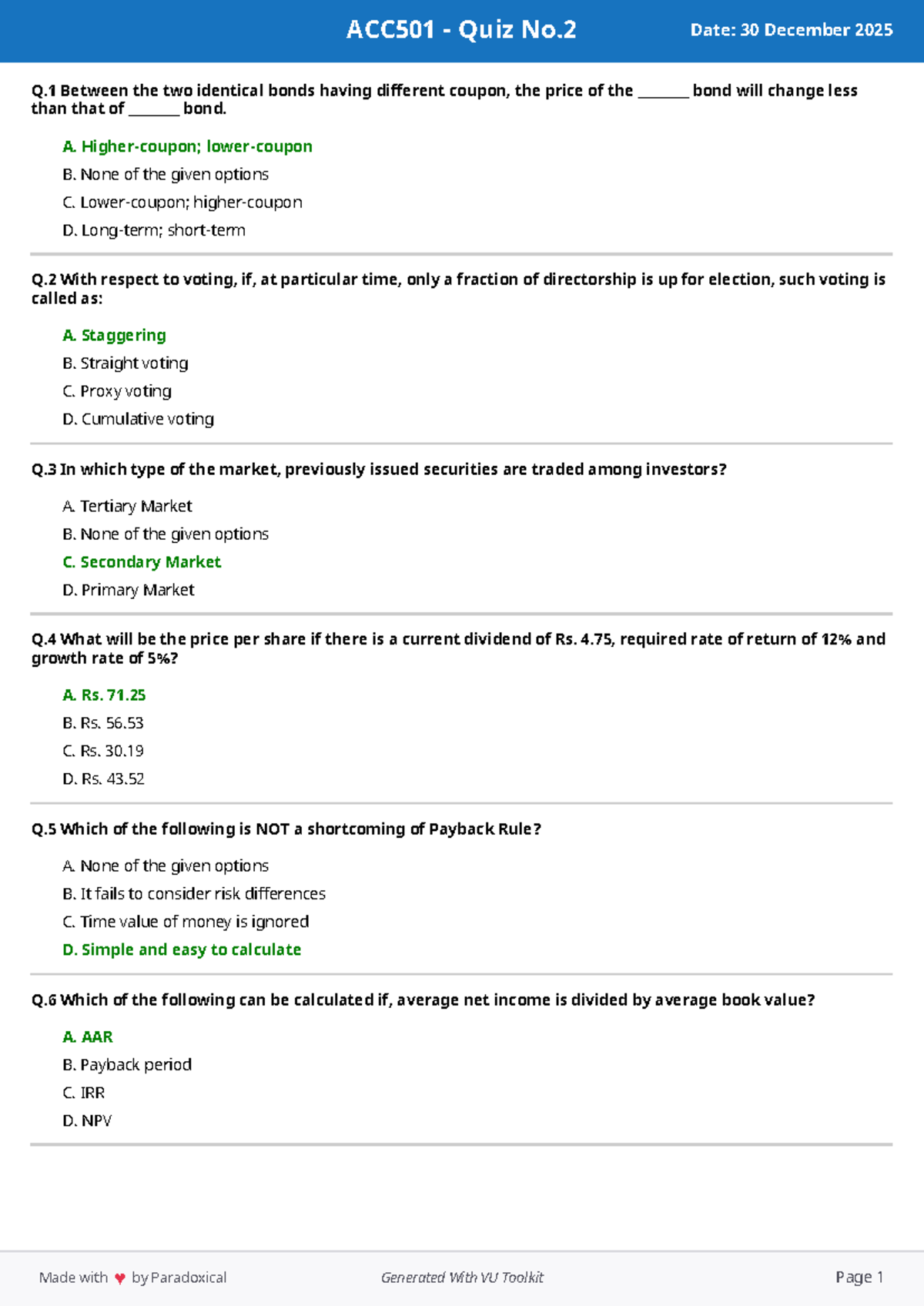 ACC501 Quiz No.2 - Key Concepts and Questions - Studocu