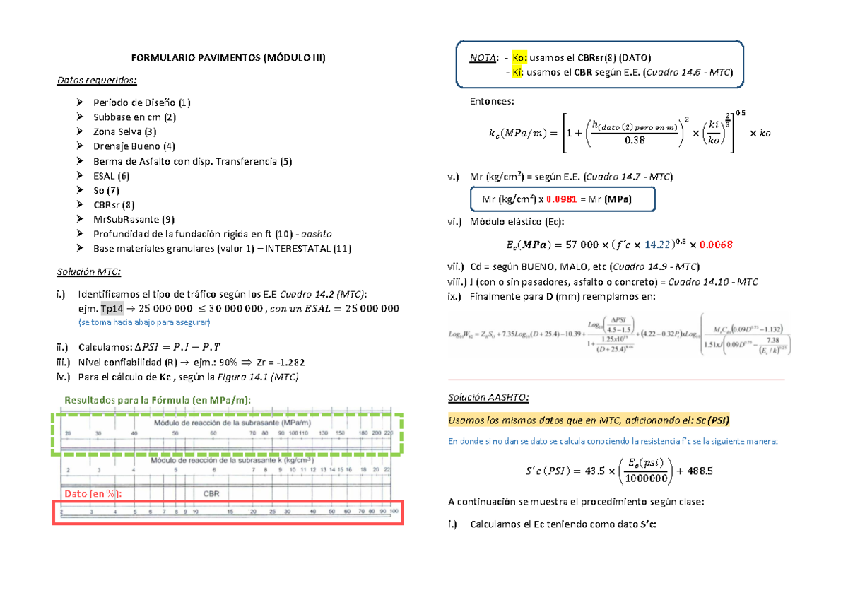 Formulario Pavimentos Módulo III: Cálculos y Soluciones MTC y AASHTO ...