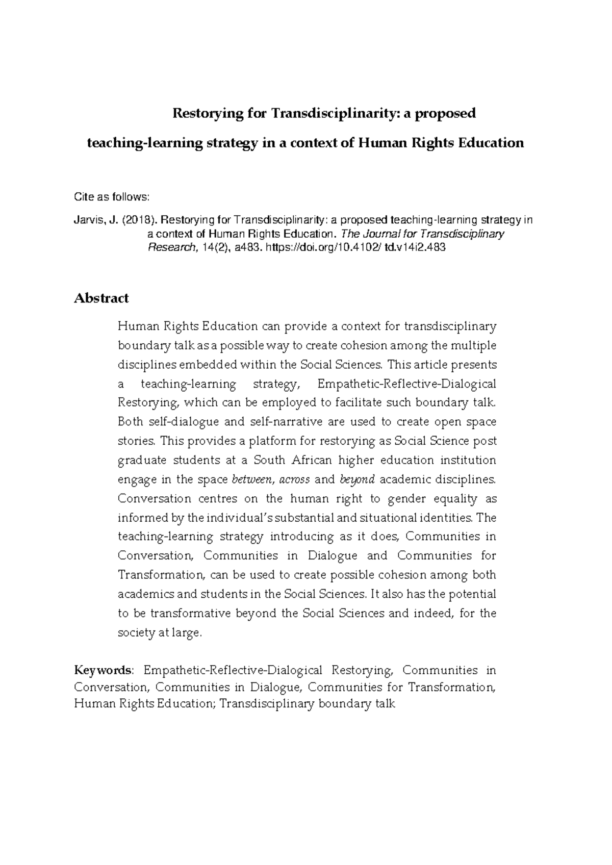 Restorying for Transdisciplinarity: Human Rights Education Strategy ...