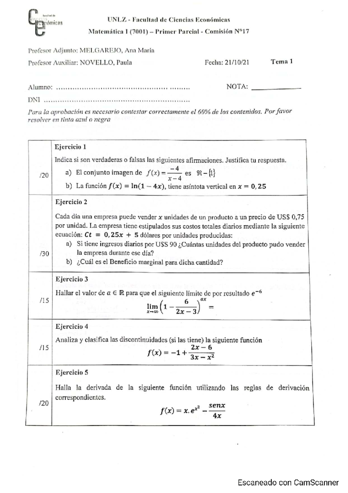 Matemática I (7001) Primer Parcial - Ejercicios y Análisis de Funciones ...