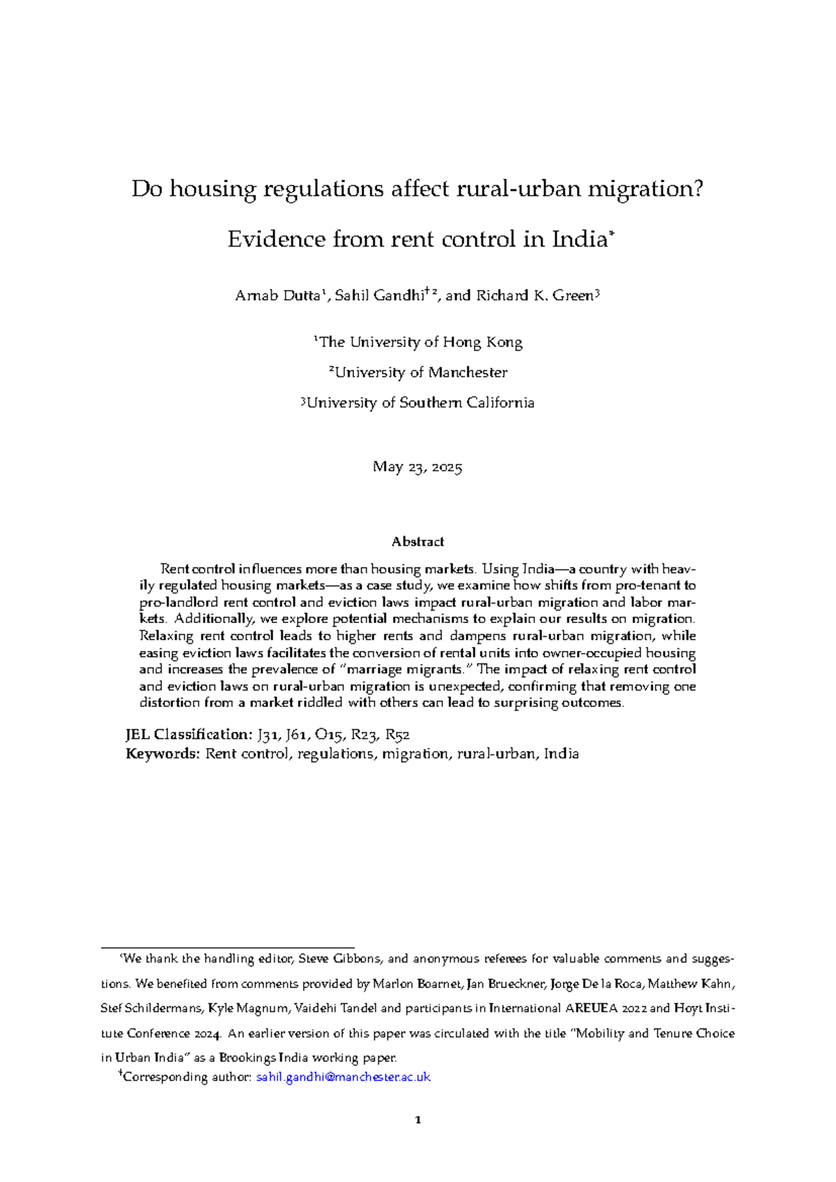 Impact of Rent Control on Migration in India: Evidence from JEL Codes ...