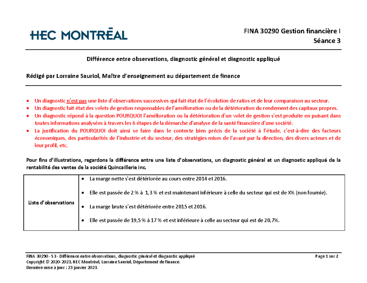 FINA 30290 - S3 - Analyse des diagnostics en gestion financière - Studocu