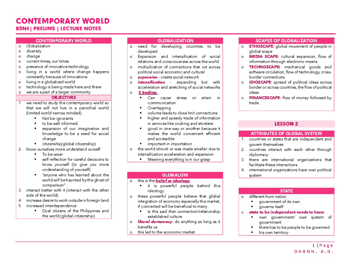 BSN 4 | PRELIMS | LECTURE NOTES ON CONTEMPORARY WORLD TOPICS - Studocu