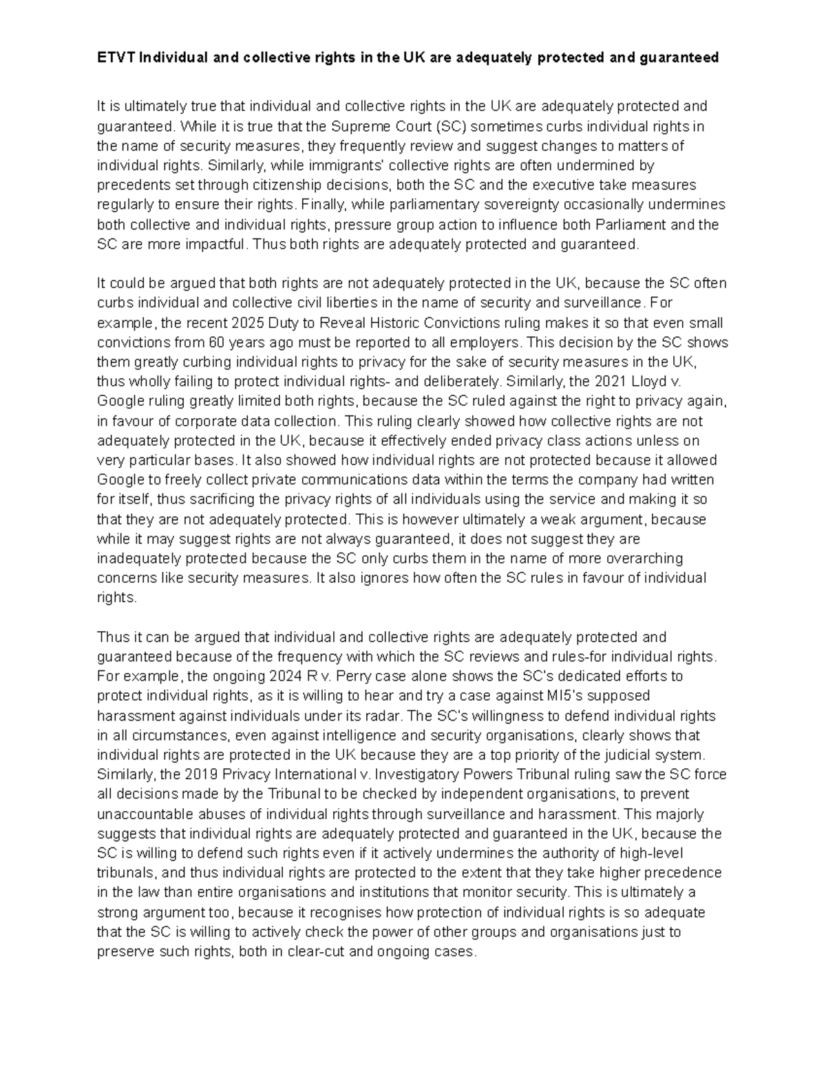 ETVT Essay Notes: Evaluating the Protection of Individual & Collective ...