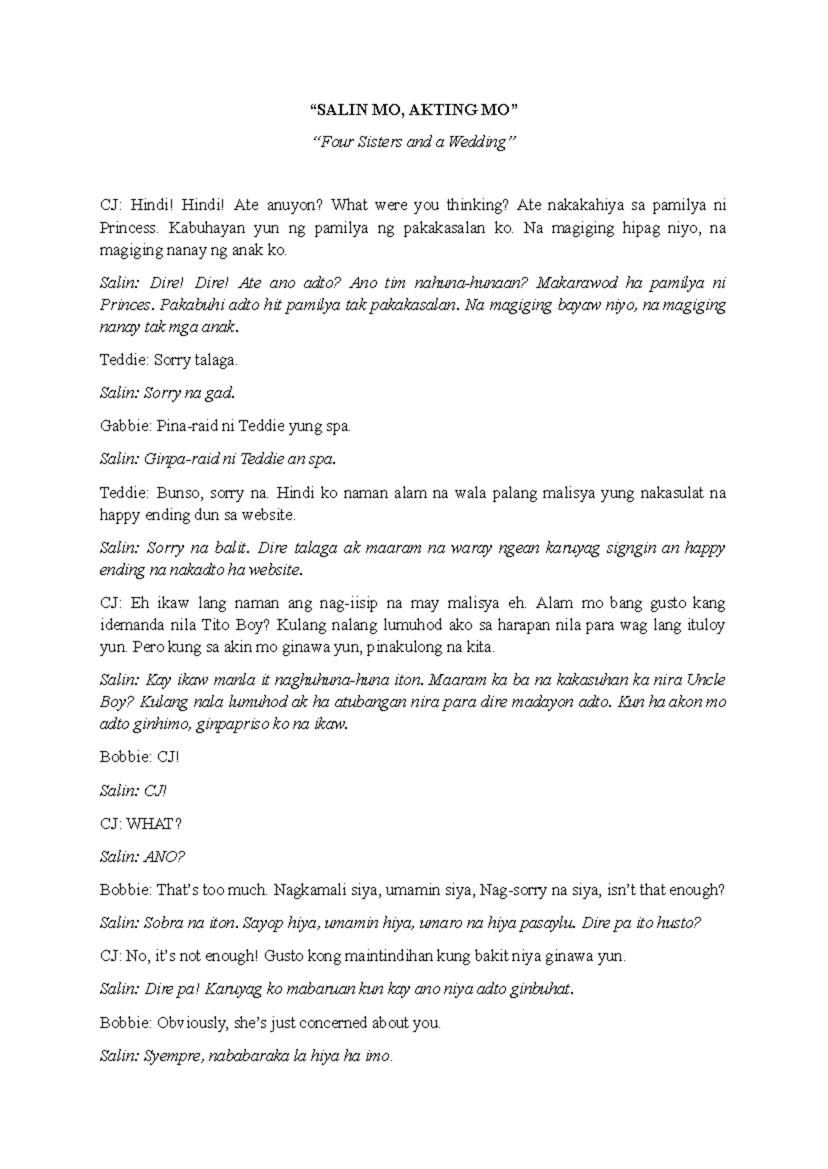 Four Sisters and a Wedding Script: MO, AKTING Analysis - Studocu