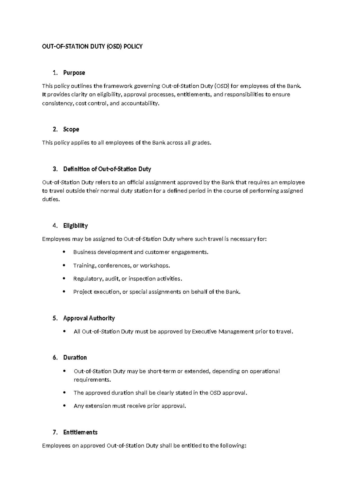 OSD Duty Policy: Guidelines for Employee Travel and Entitlements - Studocu