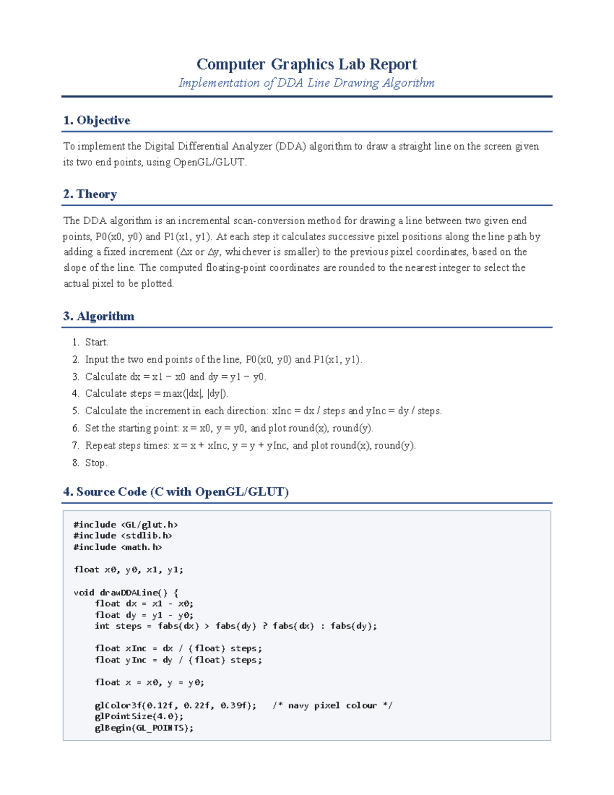 DDA Line Drawing Algorithm Lab Report - Computer Graphics 1 - Studocu