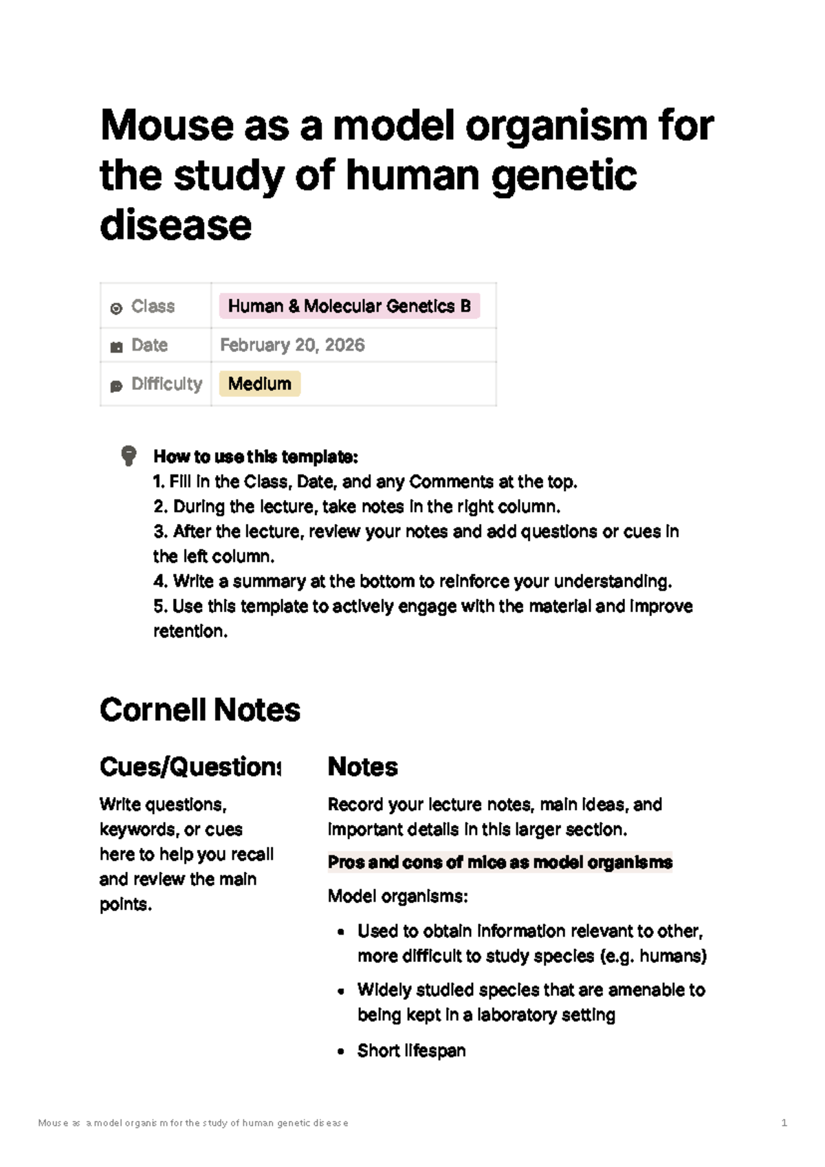 Lecture Notes: Mouse as a Model Organism in Genetics - Studocu