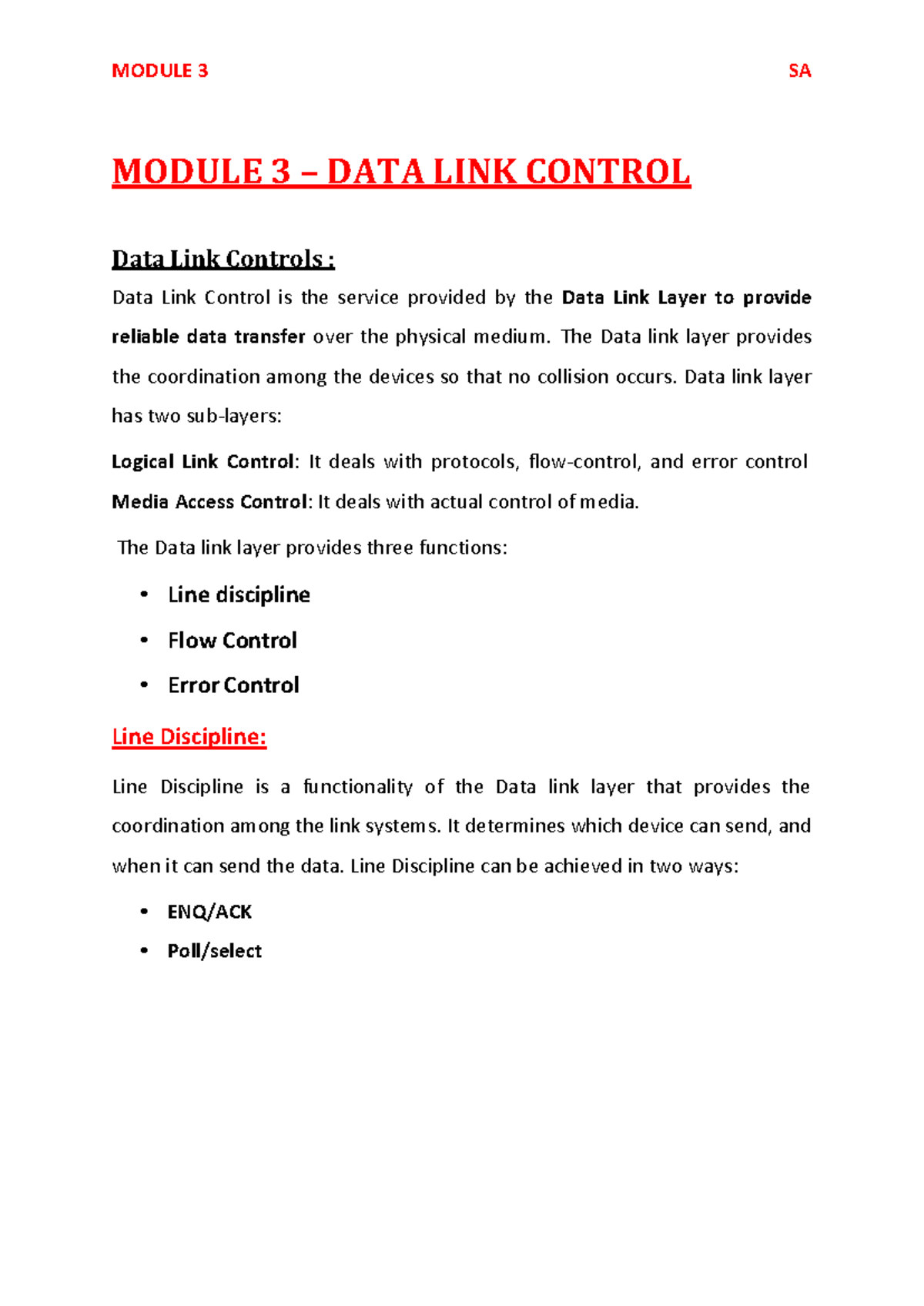 Module 3 - notes on dcof - MODULE 3 – DATA LINK CONTROL Data Link ...