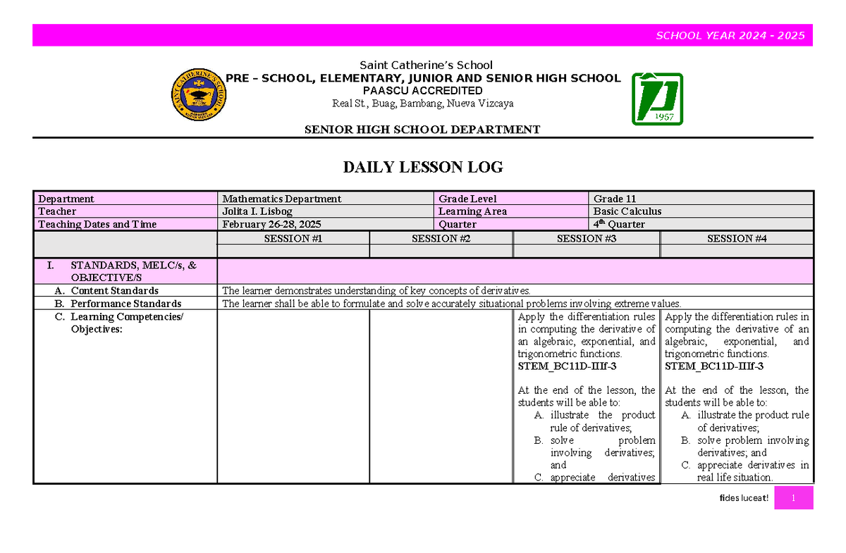 Grade 11 Basic Calculus Daily Lesson Log (DLL) - Feb 2025 - Studocu