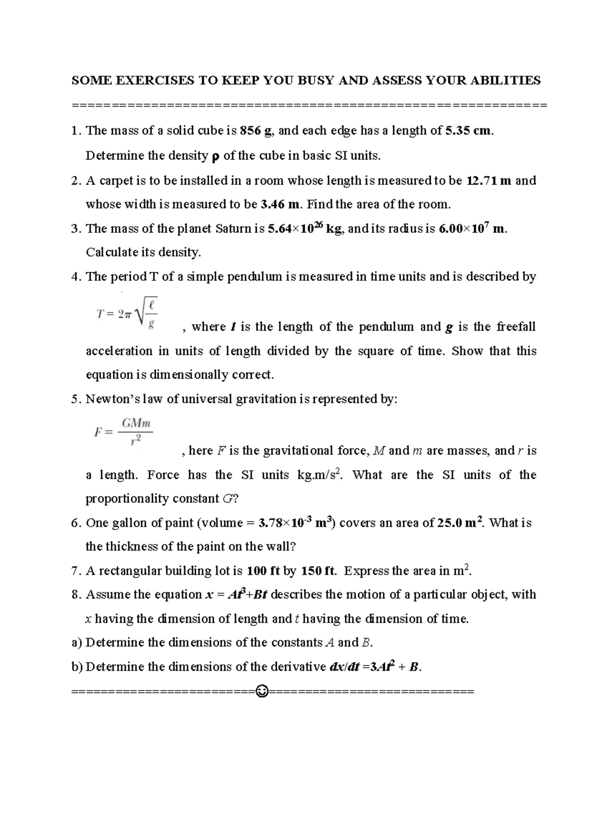 Unit Conversion and Dimensional Analysis Problems - Unit 1 - Studocu