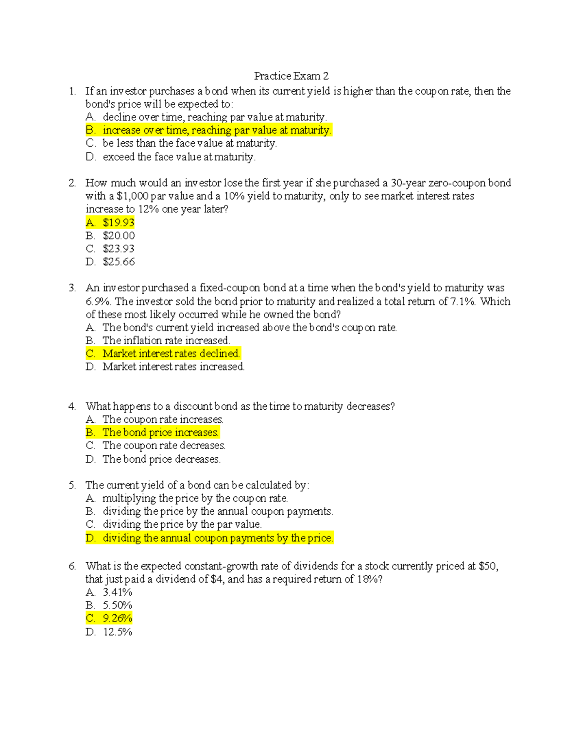 Practice Exam 2 - Bond and Stock Valuation Concepts - Studocu