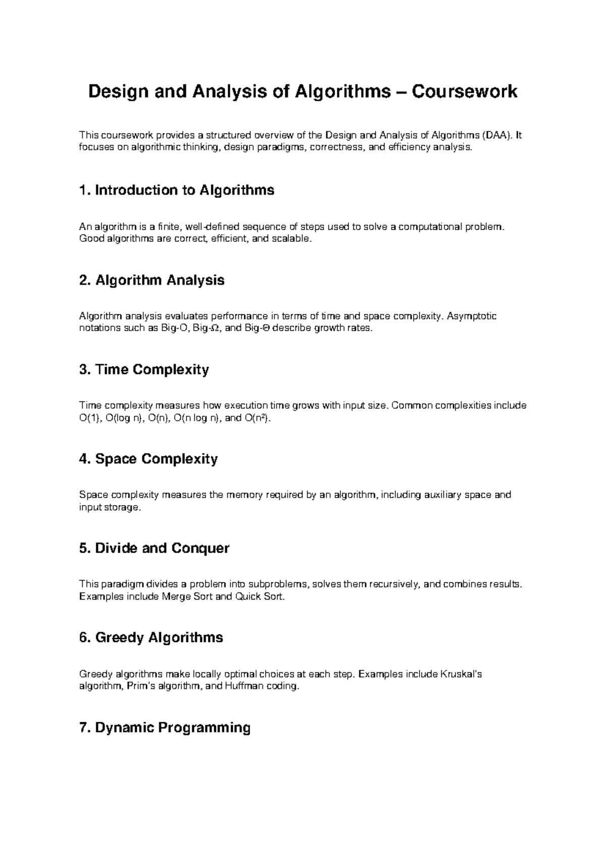 DAA Coursework: Design and Analysis of Algorithms Overview - Studocu