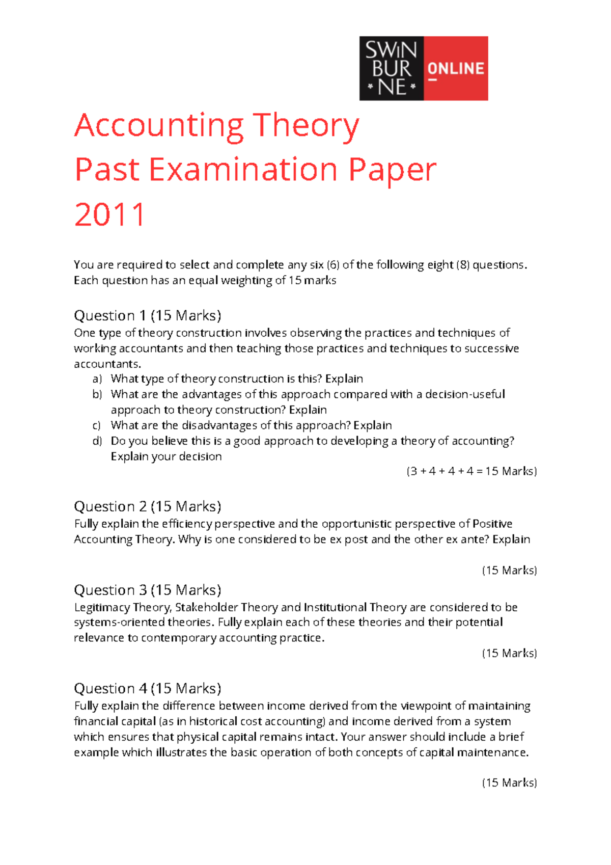 ACC30008 Accounting Theory Past Exam Paper Review 2011 - Studocu