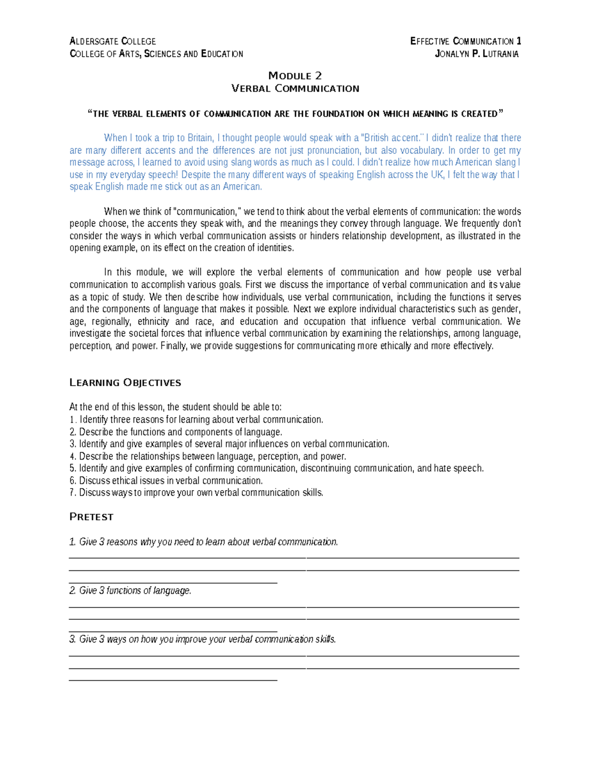 Module 2: Verbal Communication Insights for Effective Interaction - Studocu