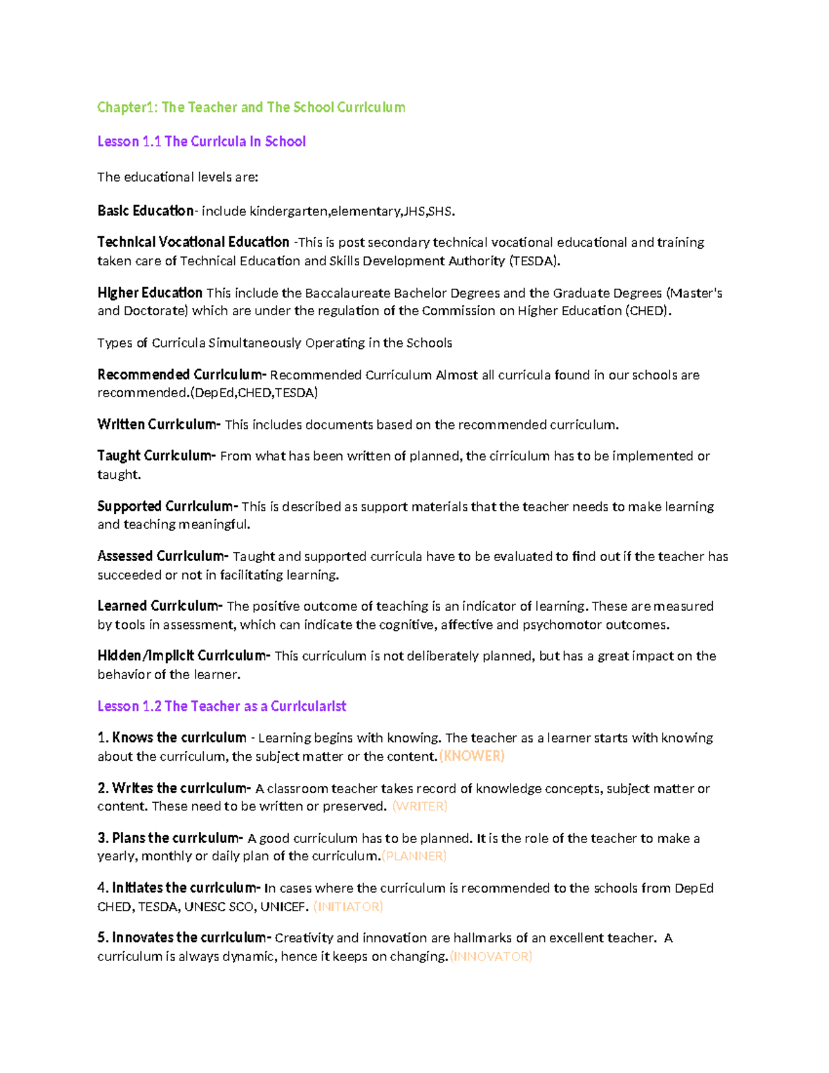 Prof Ed-4- Chapter 1: Understanding School Curricula and Teacher Roles ...