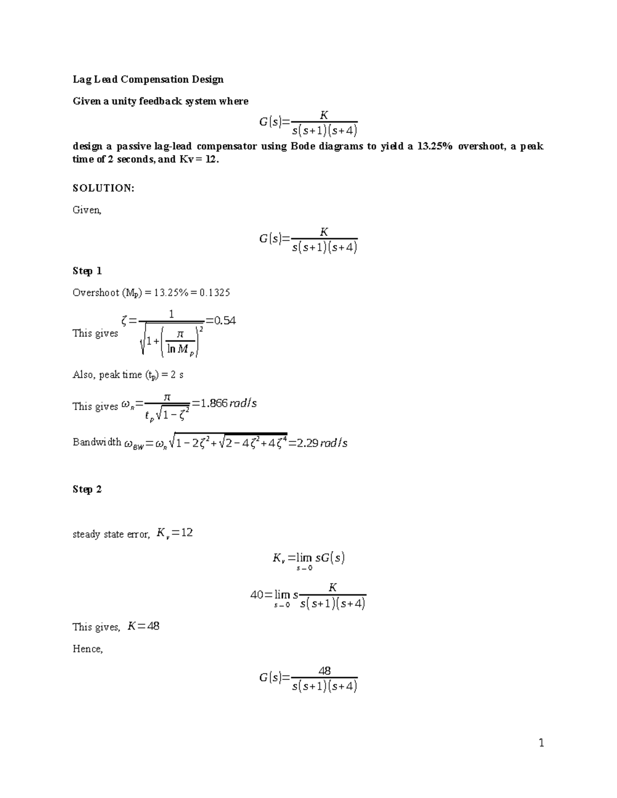 Numerical Bode Plot for Lag-Lead Compensator Design - Studocu