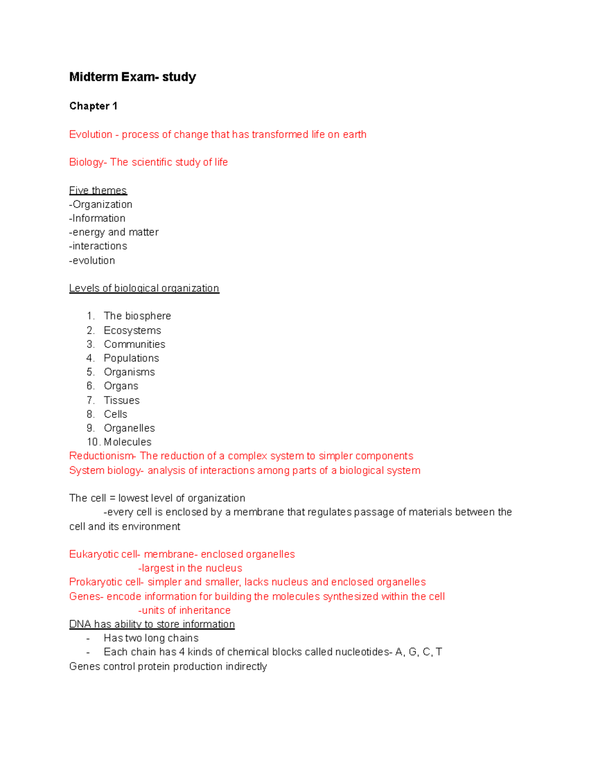 Midterm Exam Study Notes for BIO 101: Evolution, Cells, and Systems ...