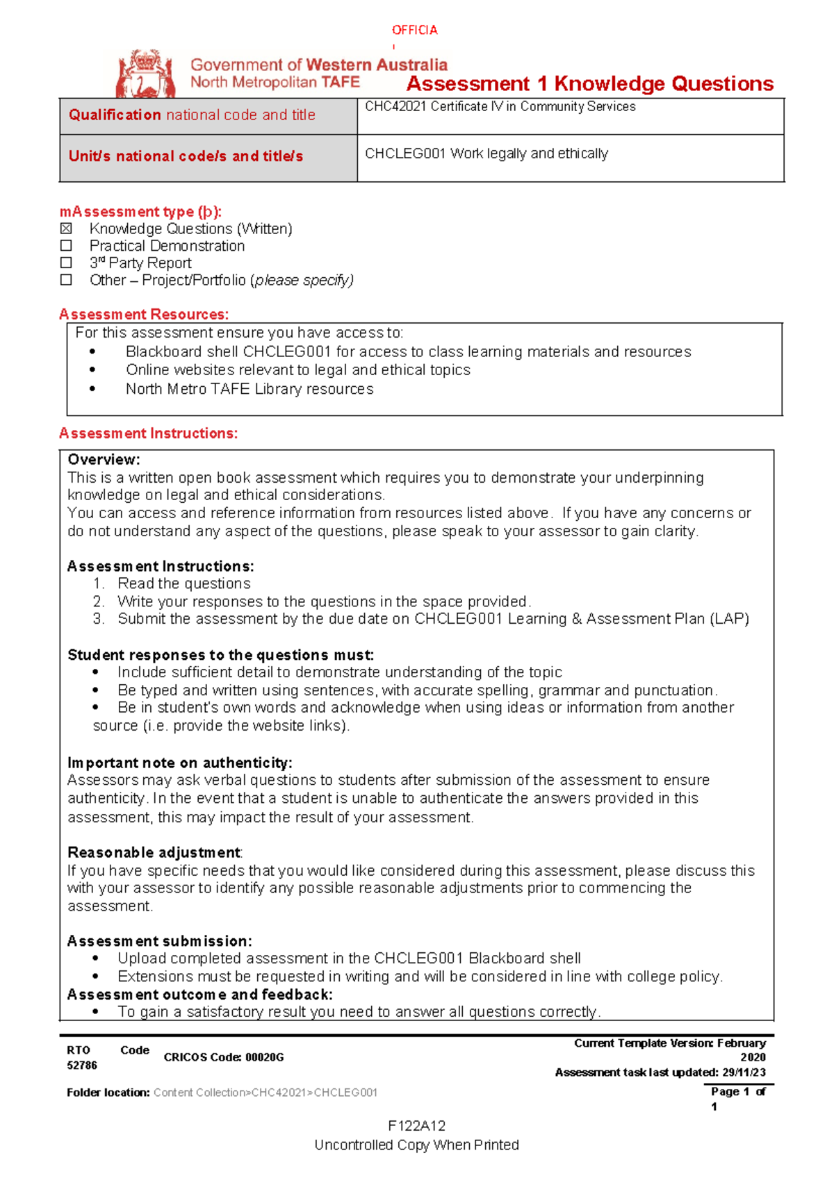 CHCLEG001 Assessment 1: Knowledge Questions on Legal and Ethical ...