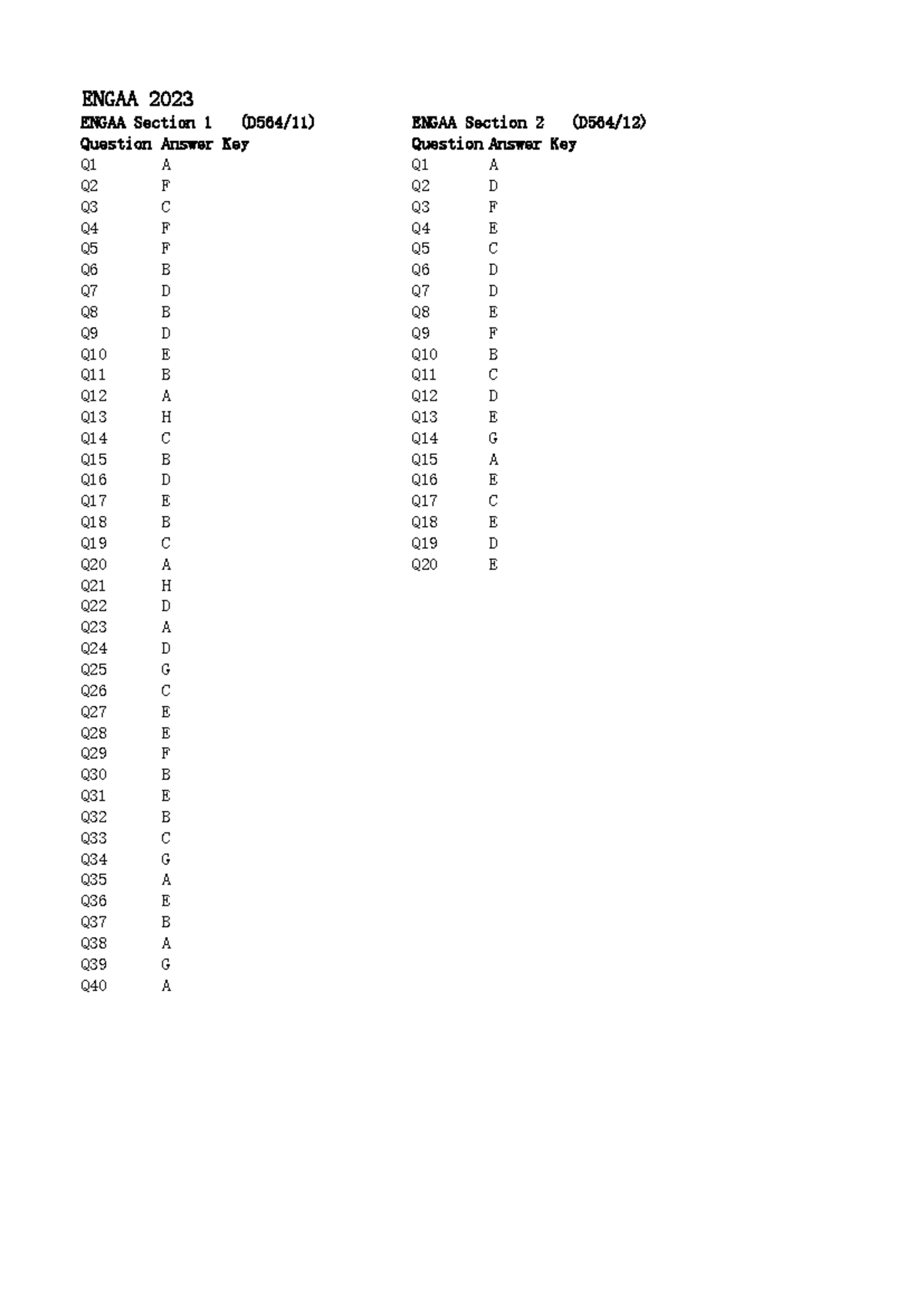 ENGAA 2023 Answer Key for Sections 1 & 2 - Studocu