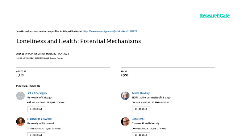 Loneliness and Health: Potential Mechanisms (PSY 2002) - Studeersnel