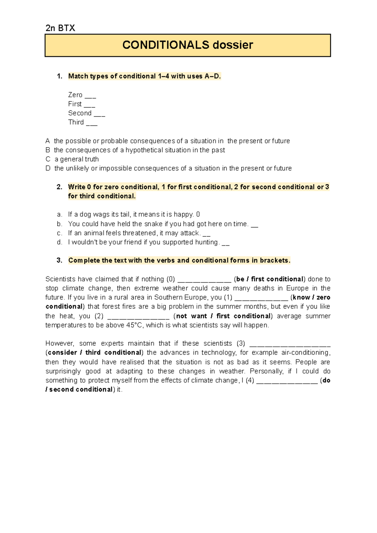 2n BTX CONDITIONALS Dossier: Types, Uses, and Exercises - Studocu