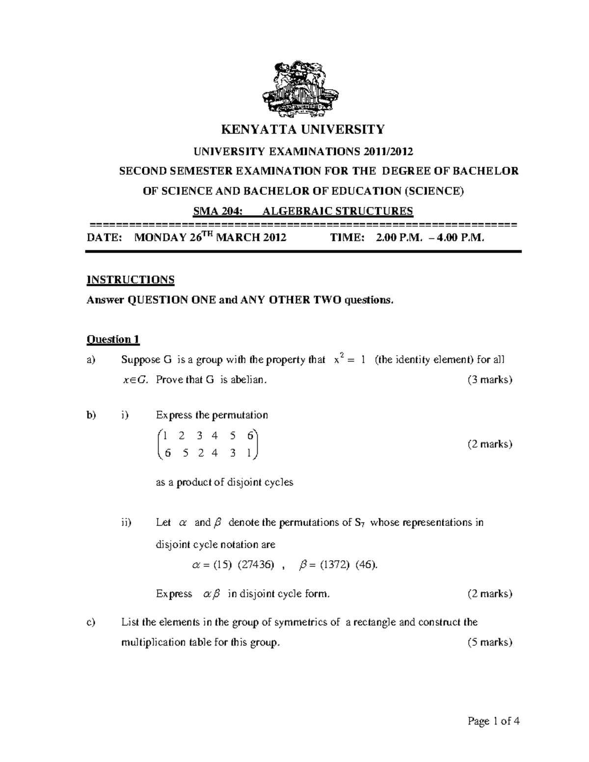 SMA 204: Past Exam Paper on Algebraic Structures - Studocu