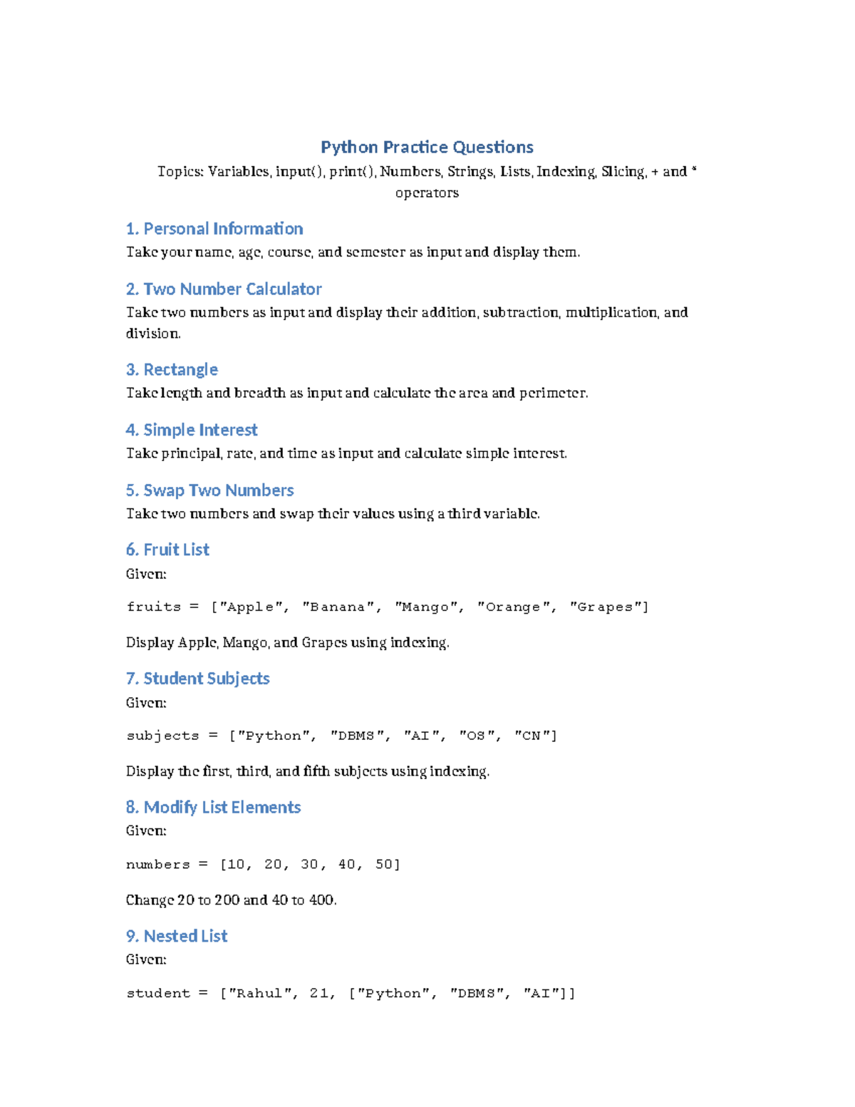Python Practice Questions: Variables, Lists, and Operators - Studocu