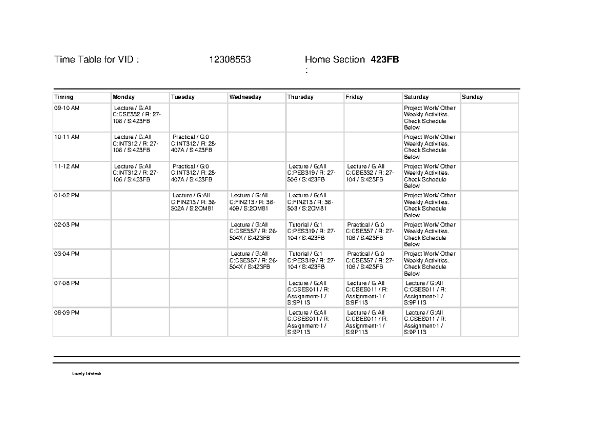 VID Course Schedule: Timetable for CSE332, INT312, FIN213, PES319 ...