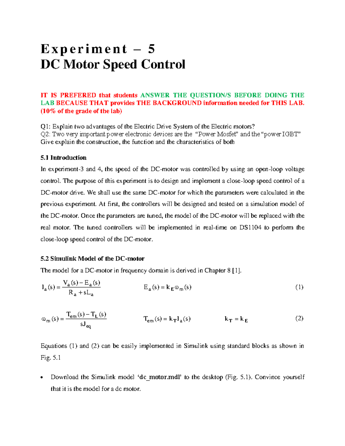 ECE462 Final Lab Experiment 5: DC Motor Speed Control Techniques - Studocu