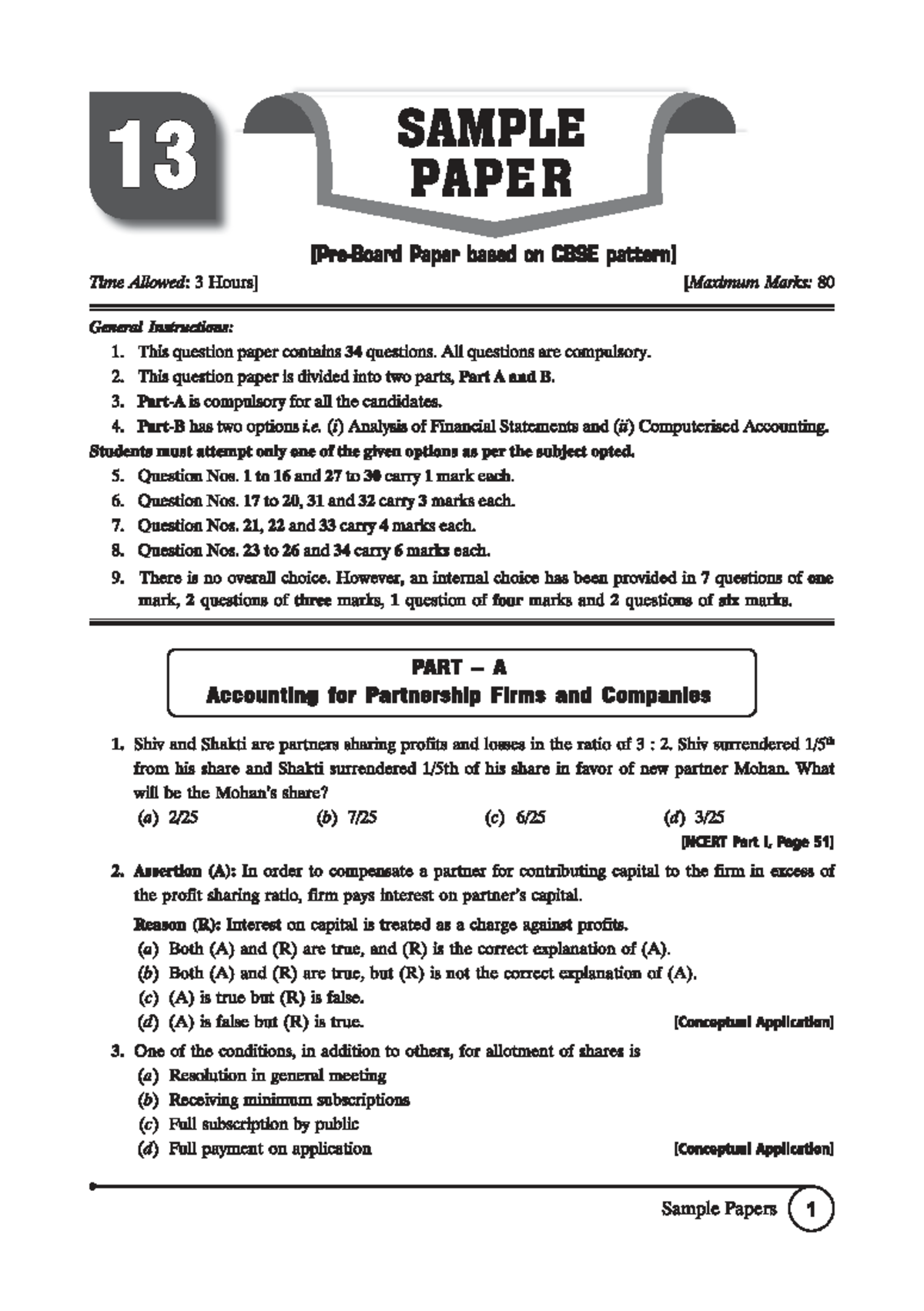 CBSE 13 Sample Paper: Accounting for Partnership & Financial Statements ...