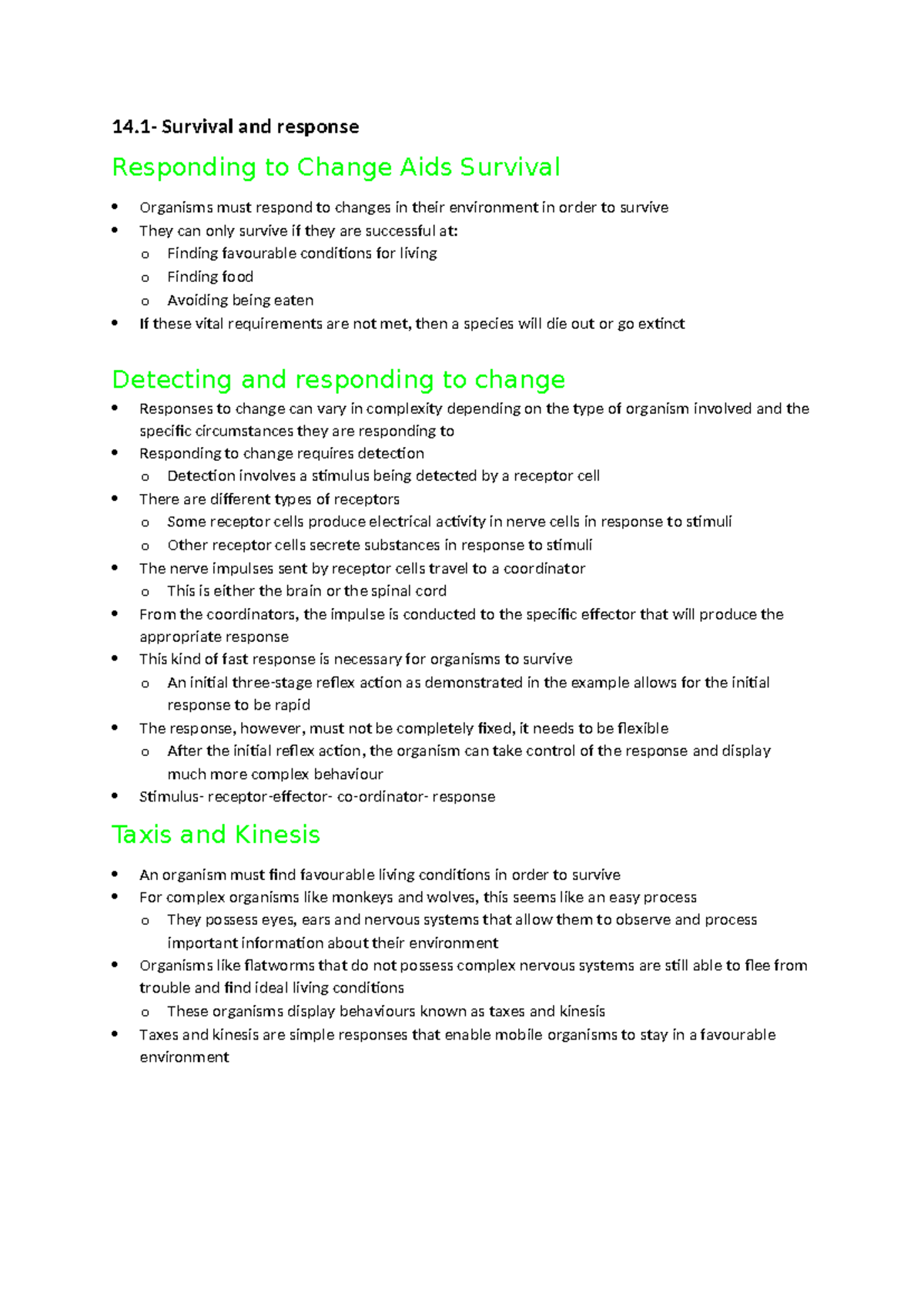 Survival and Response to Environmental Changes - Topic 6 Notes - Studocu