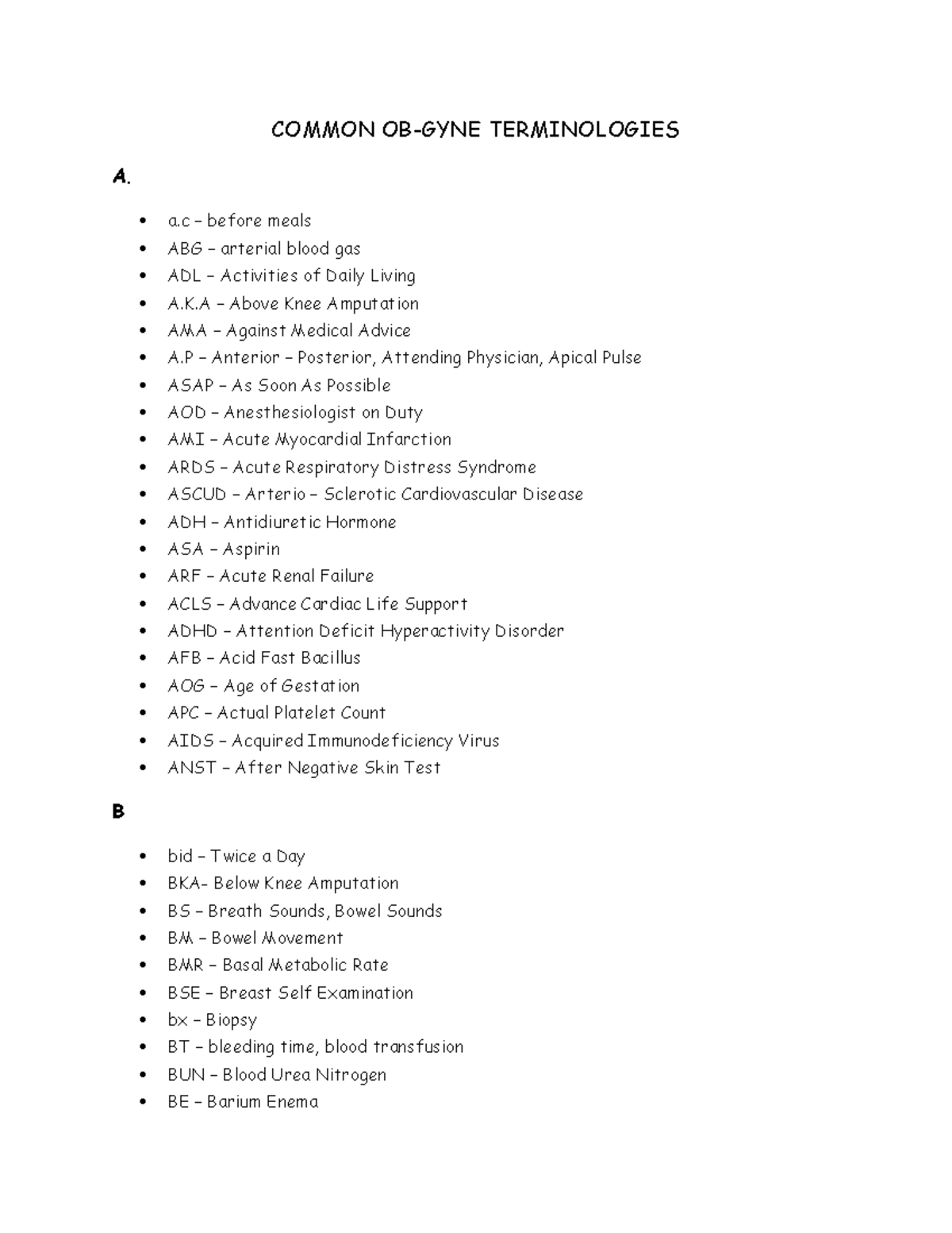Common OB-GYN Terminologies and Abbreviations Guide - Studocu