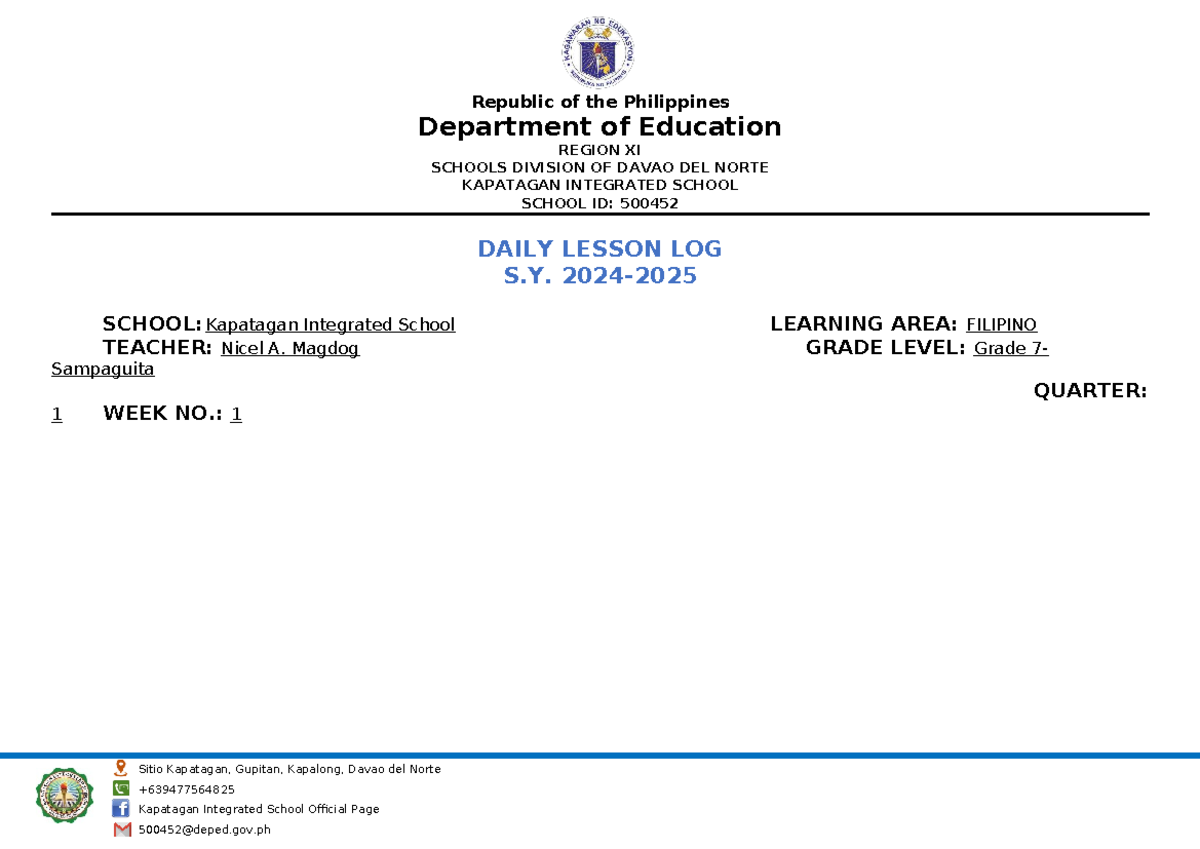DLL FIL 7: Weekly Lesson Plan for Filipino - Week 1 - Studocu