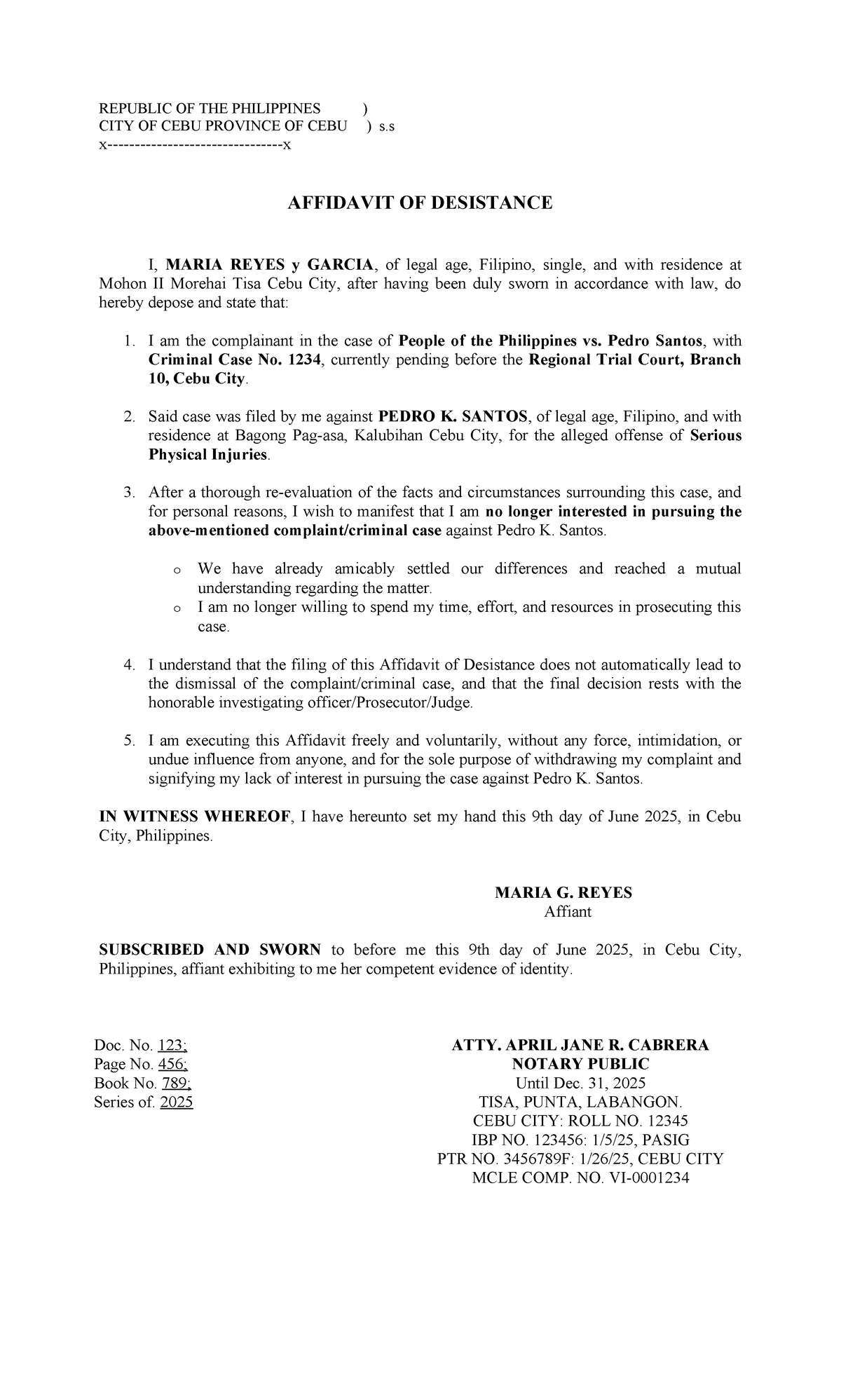 Summer Affidavit of Desistance Sample - Cebu Case No. 1234 - Studocu