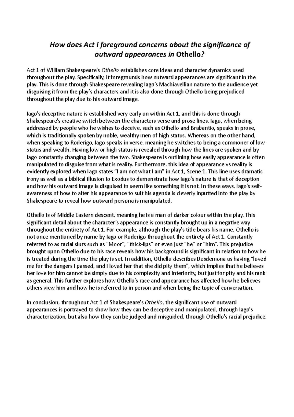 Othello (ENG 101) Act 1 Analysis: The Significance of Appearances - Studocu
