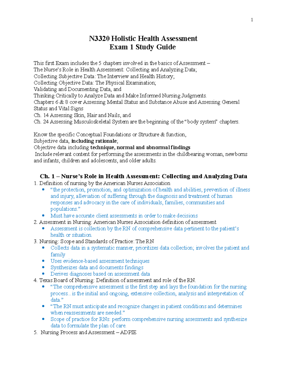 N3320 Exam 1 Review: Holistic Health Assessment Study Guide - Studocu
