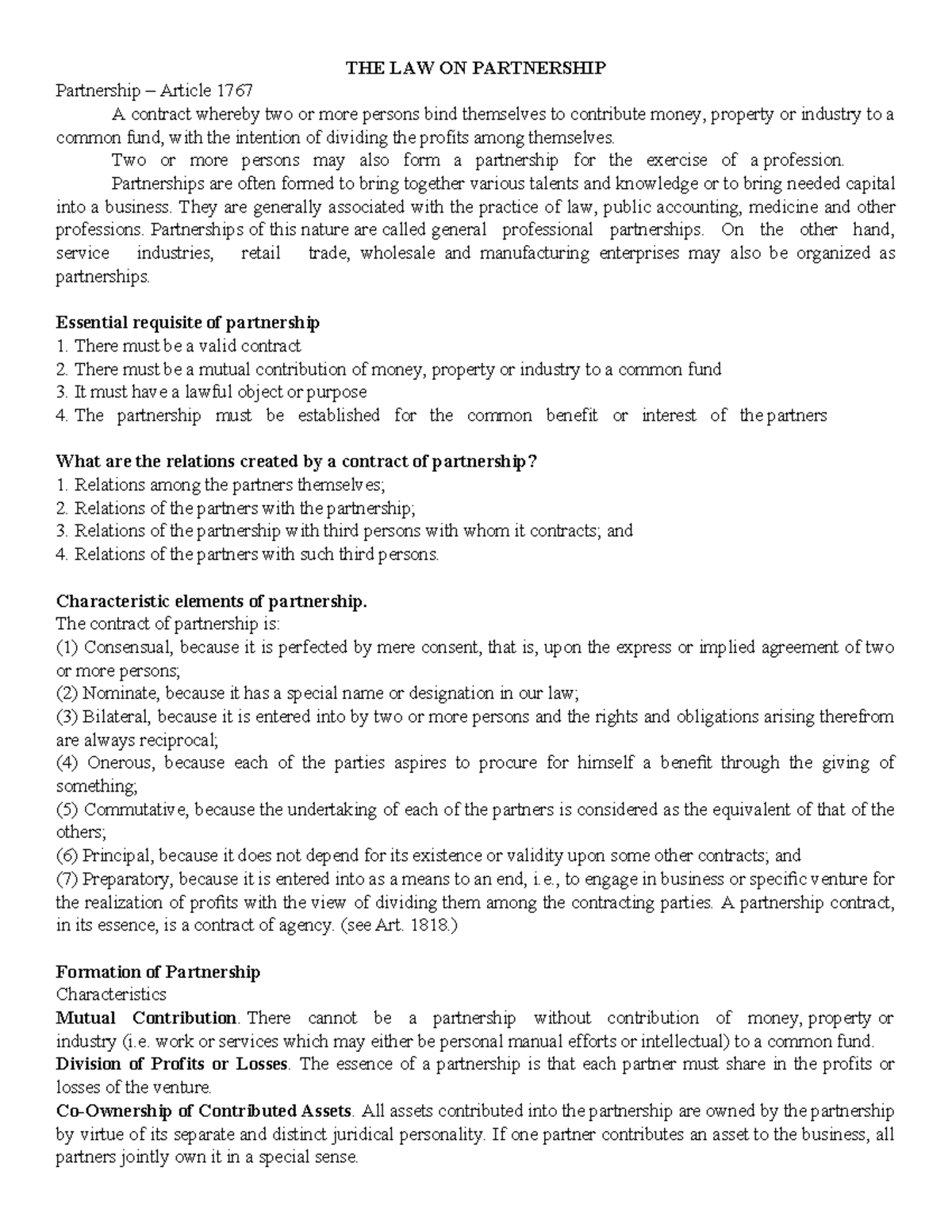 Summary - The Law of Partnership: Key Concepts & Elements - Studocu