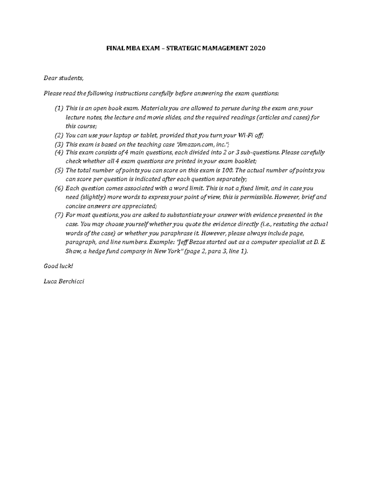 Final MBA Exam - Strategic Management: Insights from Amazon Case 2020 ...