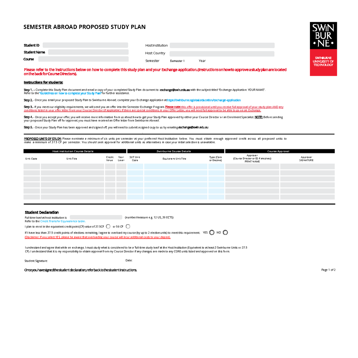 Swinburne Study Plan for Abroad Exchange Program 2022 Onwards - Studocu