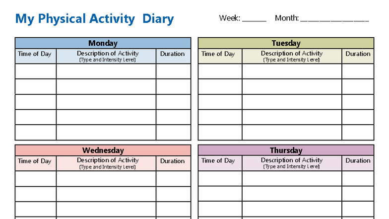 Physical Activity Log - My Physical Activity Diary Week ...