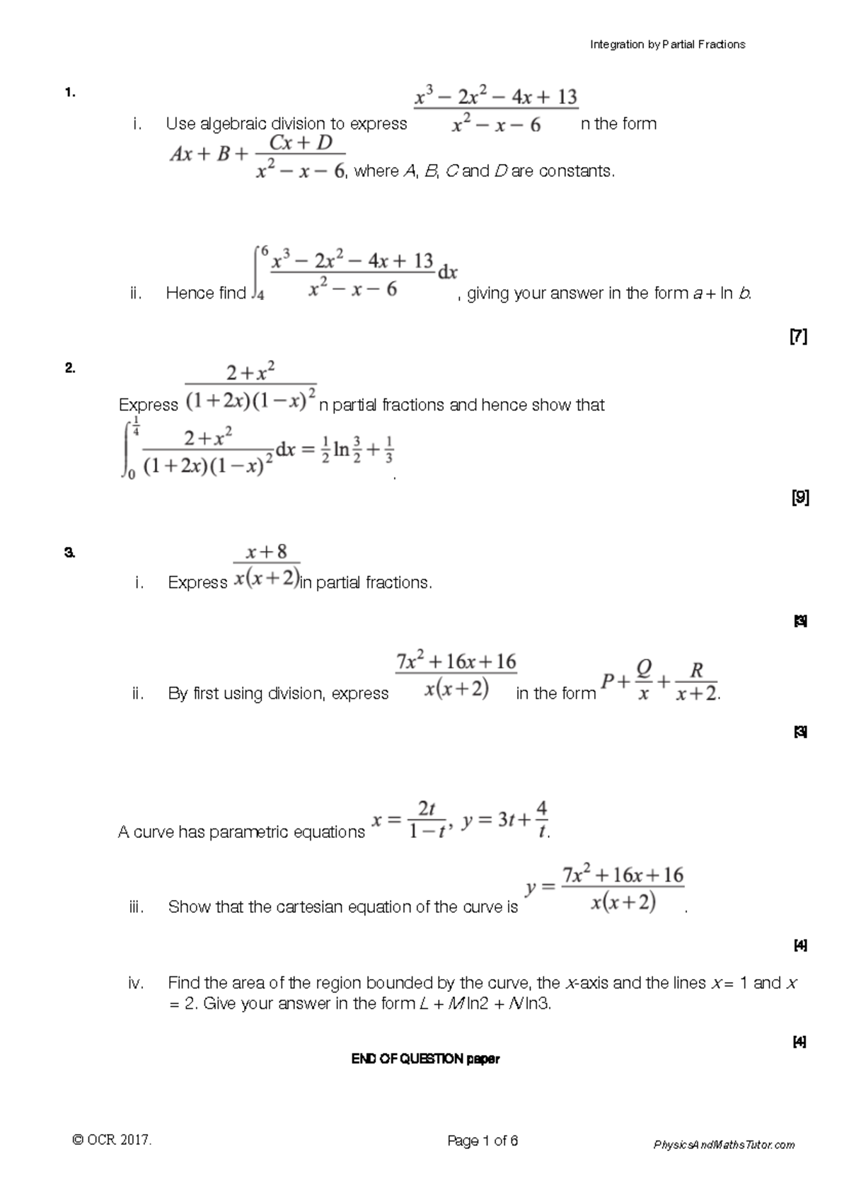 Integration by Partial Fractions: OCR 2017 Exam Solutions - Studocu