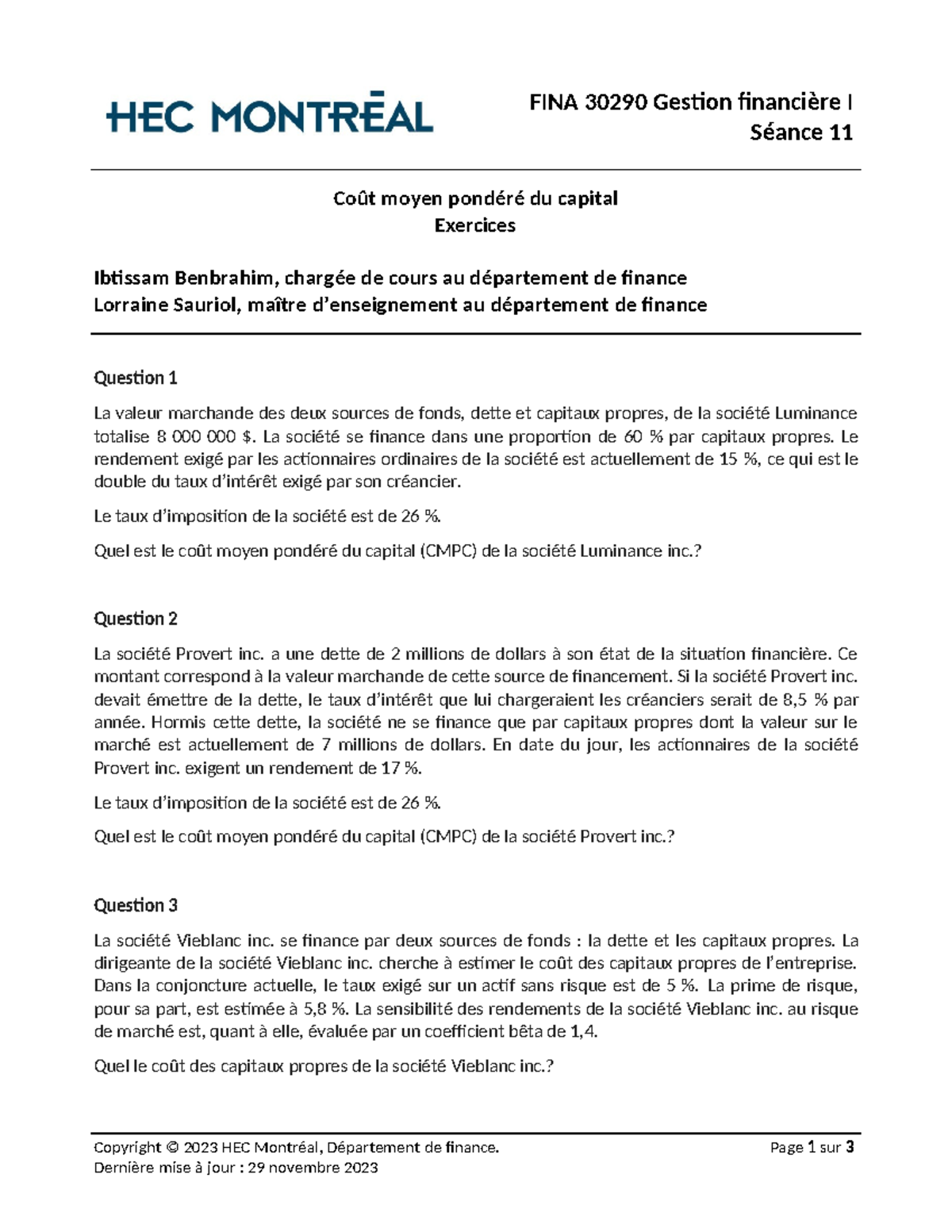 FINA 30290 CMPC - Exercices de Gestion Financière I, Séance 11 - Studocu
