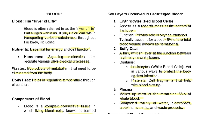 Blood: Comprehensive Notes on Composition and Functions - Studocu