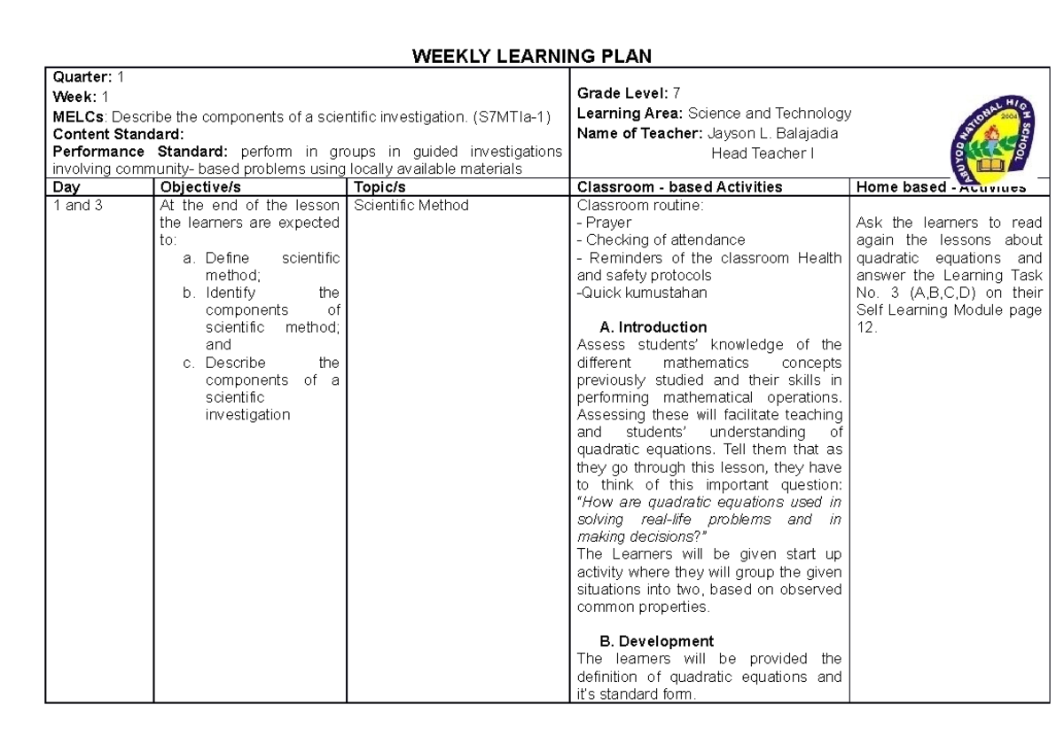 WLP Sci 7 Q1 Wk 1 - Understanding Scientific Investigation Methods ...