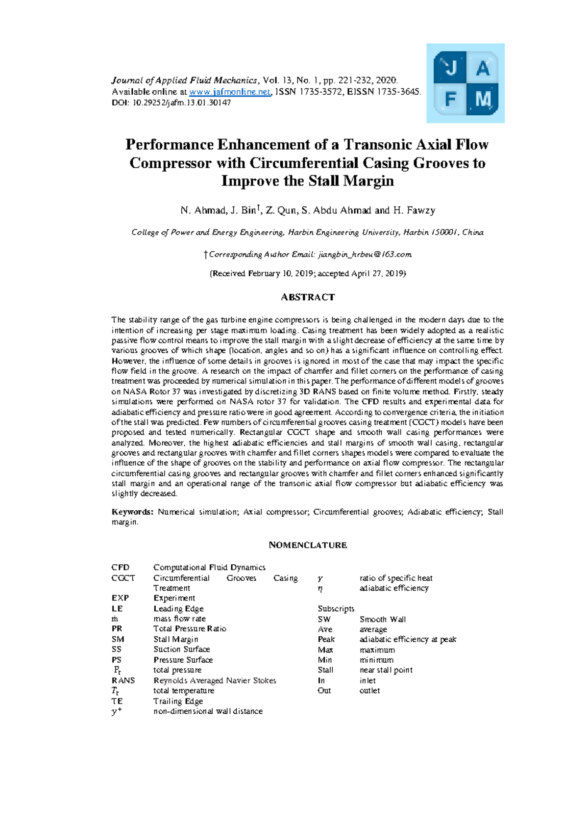 Performance Analysis of CGCT in Transonic Axial Flow Compressor (ENGR ...