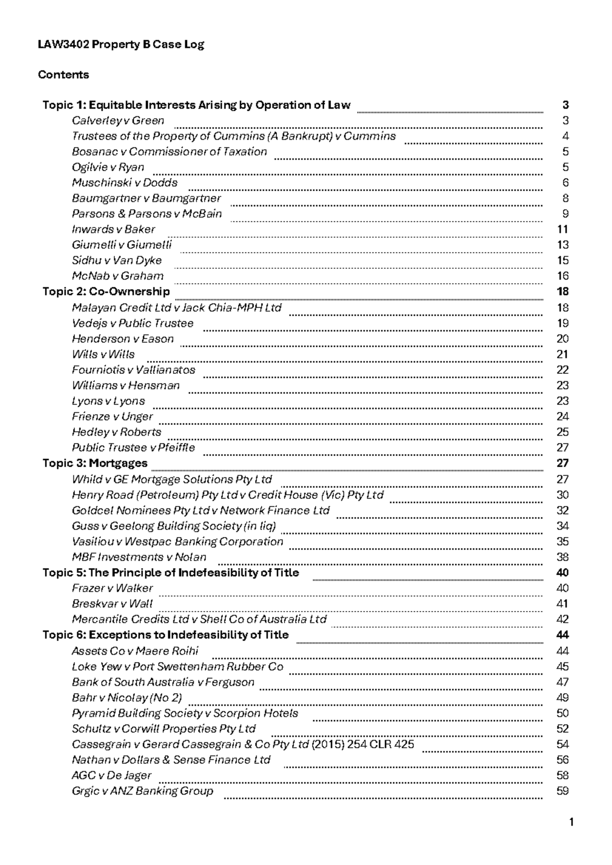 LAW3402 Property B Case Log: Key Cases and Legal Principles - Studocu